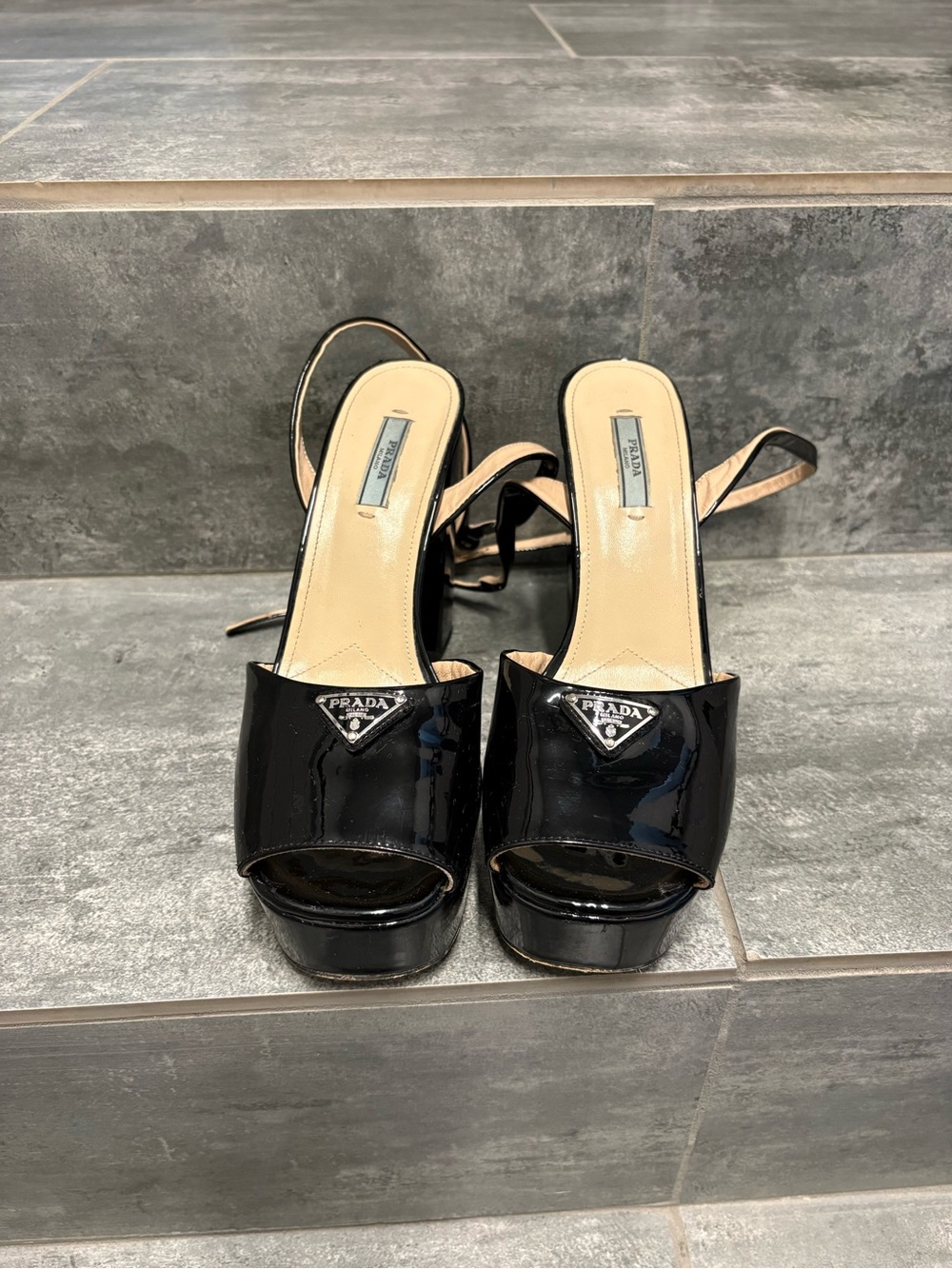 Prada 115 Black Patent Leather Platform Sandal Ankle Strap Block Heel Pump 40